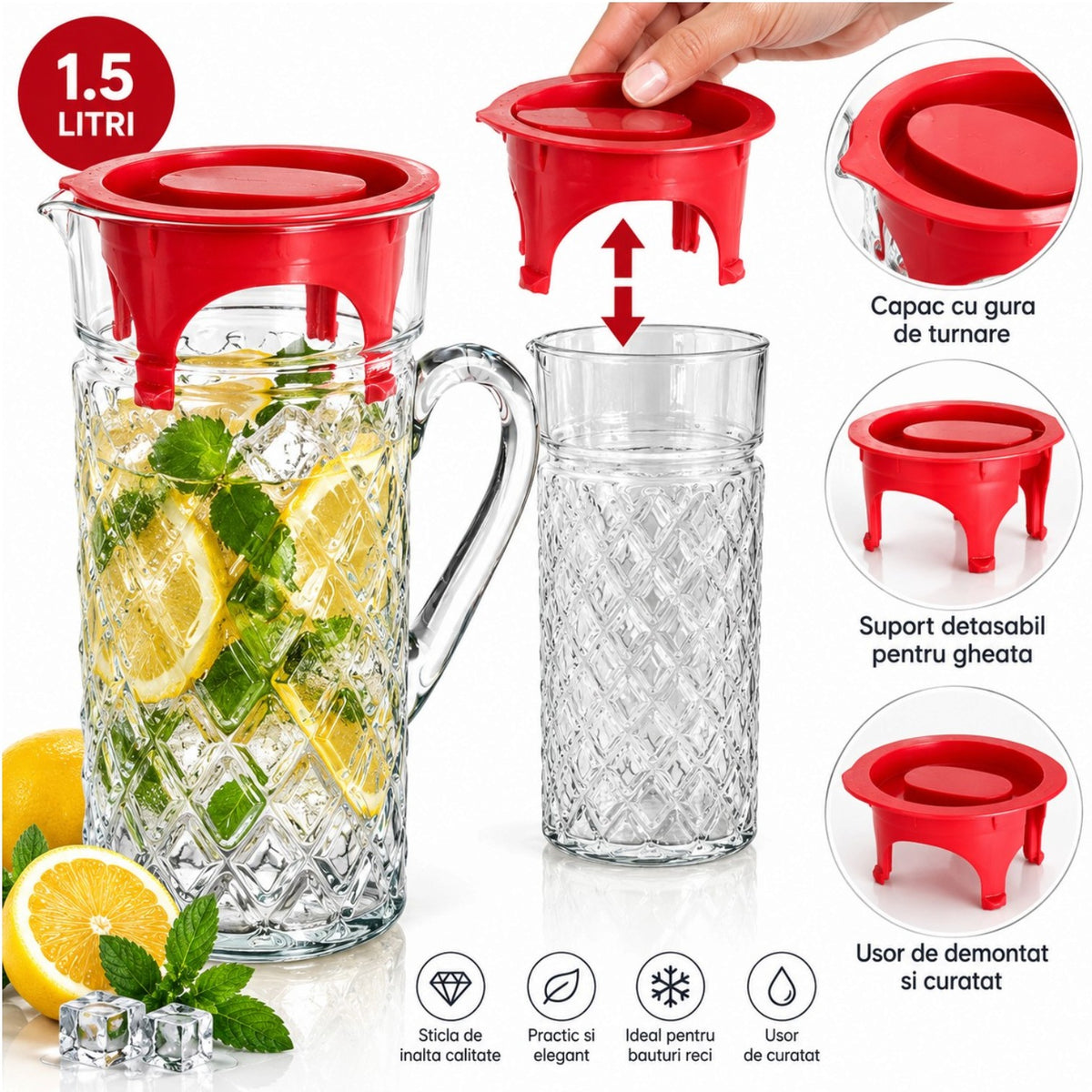 Carafa din Sticla Crystal Jug 1.5L, 21.5x11cm, cu Maner si Capac Detasabil din Plastic, Model Romburi Engros