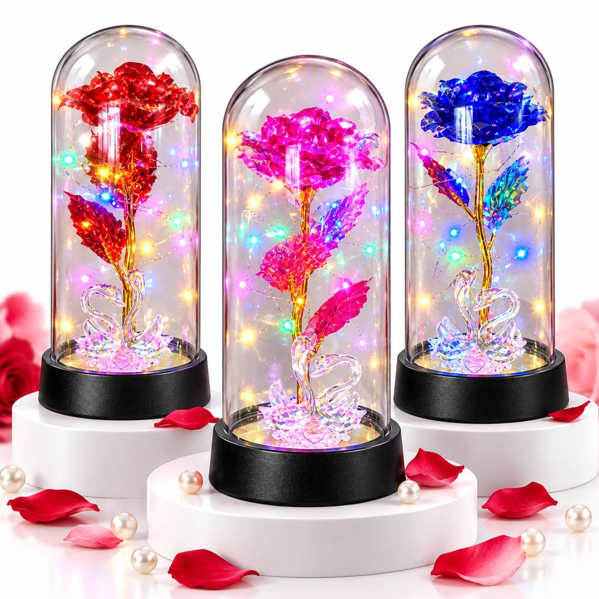 Trandafir Cristalizat 20x9.5cm, cu Lumina LED Multicolor sub Cupola Transparenta, cu Lebede Decorative, Diferite Culori Engros