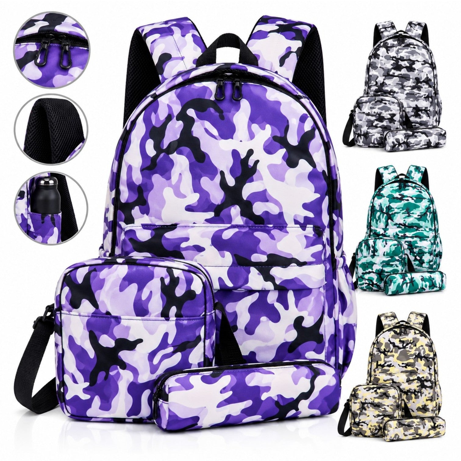 Ghiozdan Școlar 3 în 1 Camuflaj 40×30×15cm, cu 2 Fermoare, Geantă de Umăr și Penar, Diferite Culori Engros
