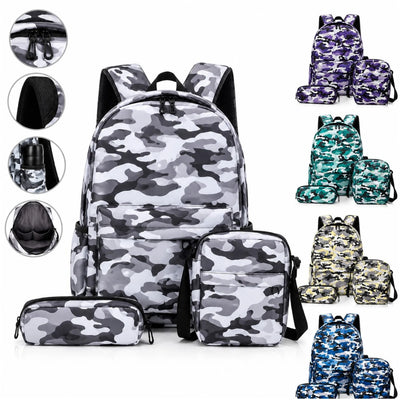 Ghiozdan Școlar 3 în 1 Camuflaj 40×30×15cm, cu 2 Fermoare, Geantă de Umăr și Penar, Diferite Culori Engros