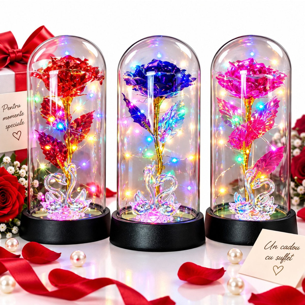 Trandafir Cristalizat 20x9.5cm, cu Lumina LED Multicolor sub Cupola Transparenta, cu Lebede Decorative, Diferite Culori Engros