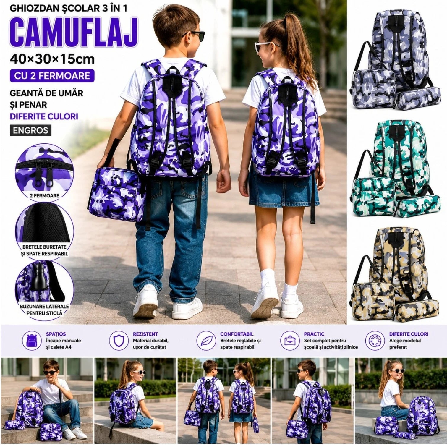 Ghiozdan Școlar 3 în 1 Camuflaj 40×30×15cm, cu 2 Fermoare, Geantă de Umăr și Penar, Diferite Culori Engros