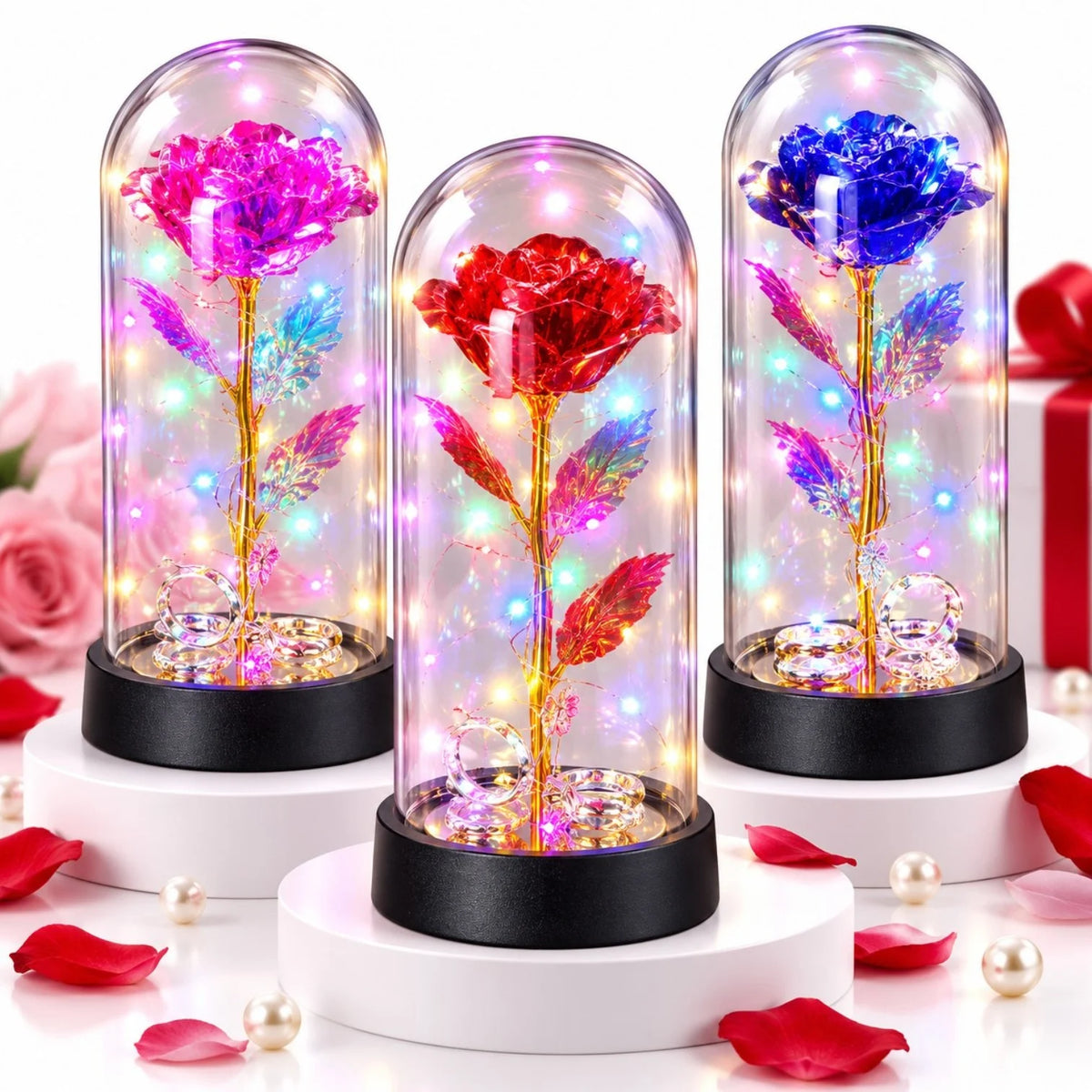 Trandafir Cristalizat 20x9.5cm, cu Lumina LED Multicolor sub Cupola Transparenta, cu 2 Inele Decorative, Diferite Culori Engros