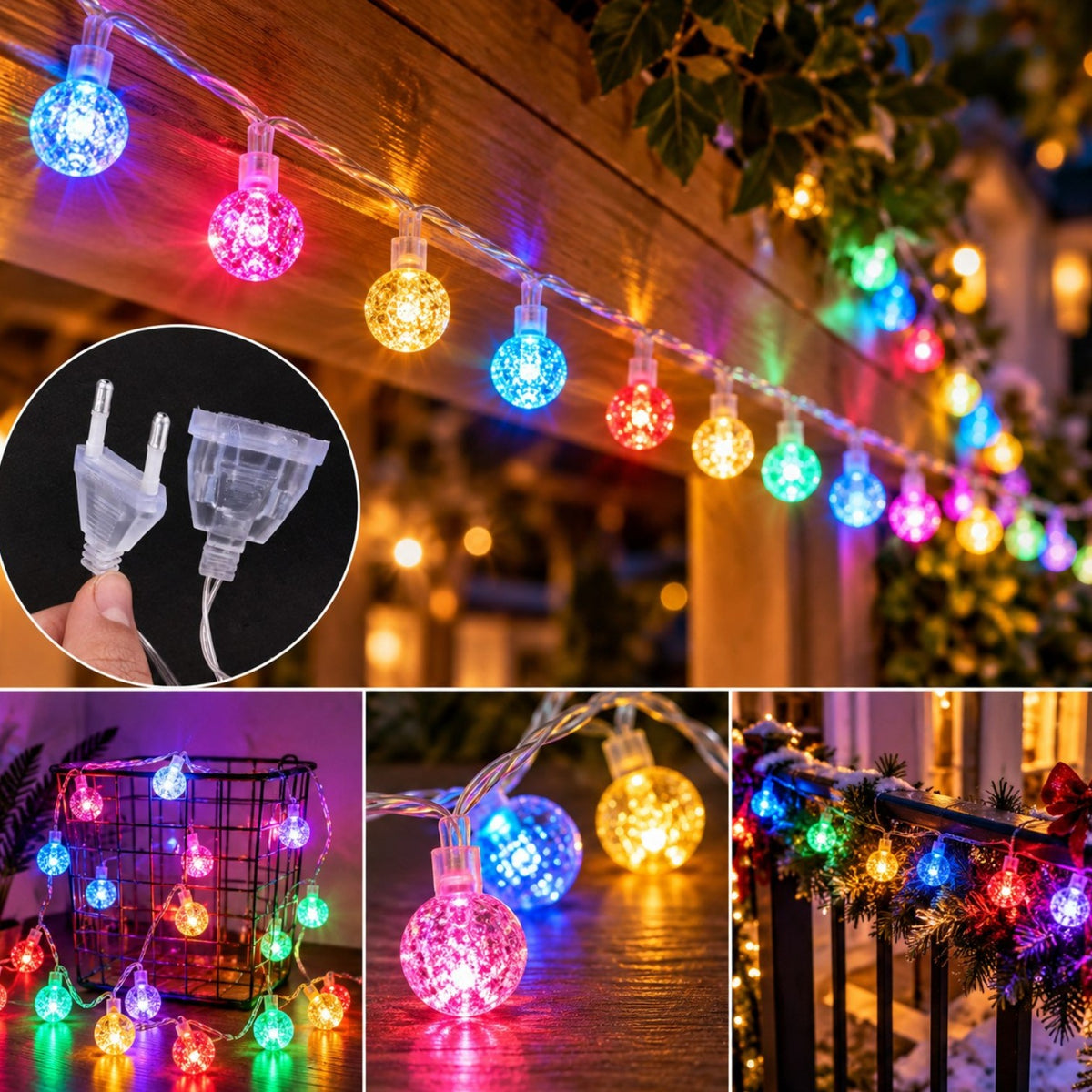 Instalatie LED Liniara Interconectabila pe Rola 30m, Fir Negru, 120 LED-uri Globulet 2cm, Lumina Multicolora, Diferite Modele, Interior si Exterior Engros