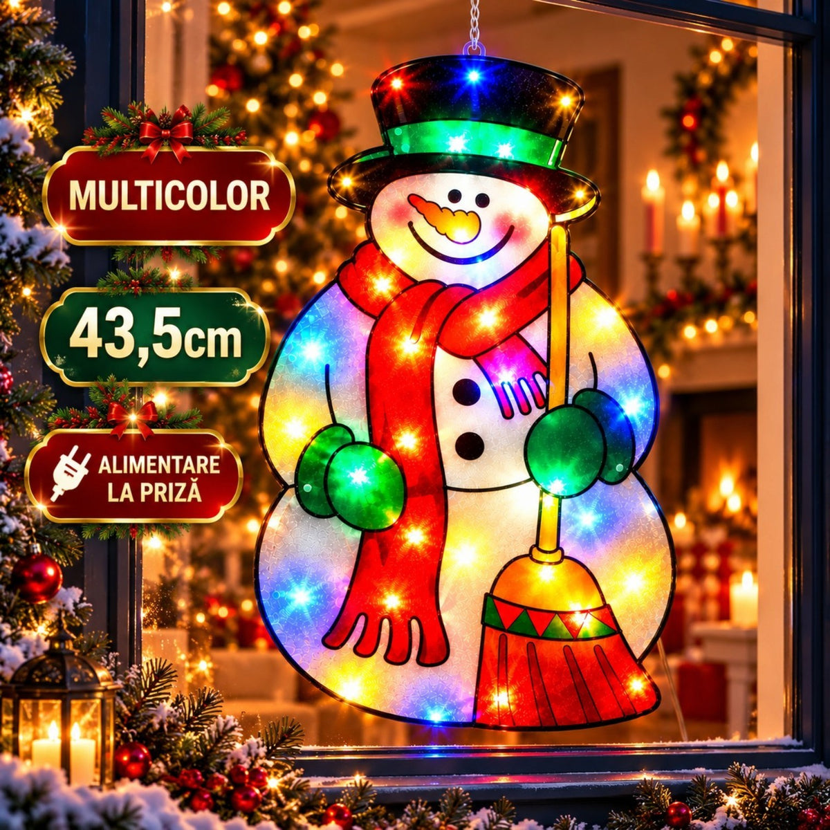 Decoratiune de Craciun 43.5x23 cm, Om de Zapada, Ornament Geam cu Instalatie LED Multicolora, Alimentare la Priza Engros