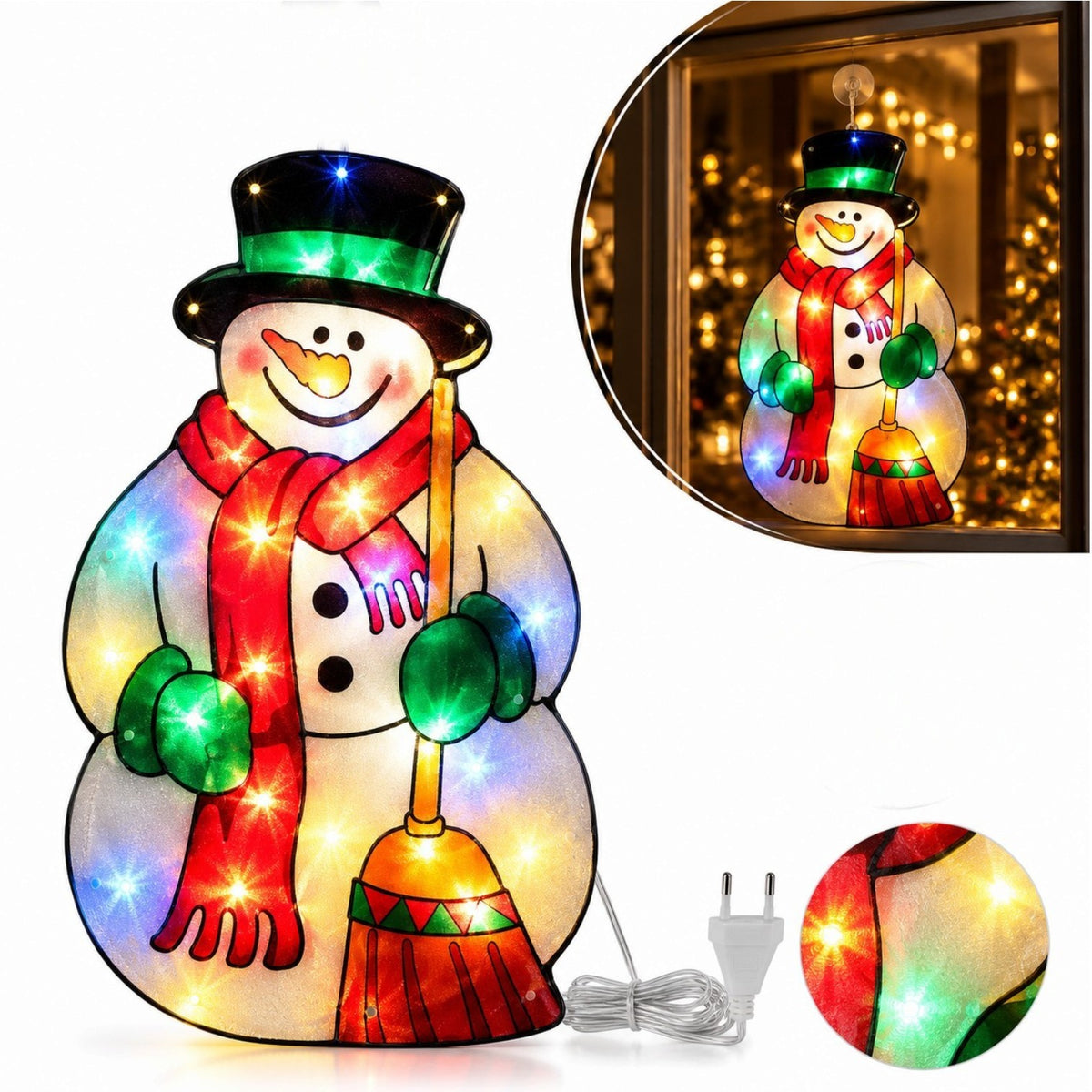 Decoratiune de Craciun 43.5x23 cm, Om de Zapada, Ornament Geam cu Instalatie LED Multicolora, Alimentare la Priza Engros