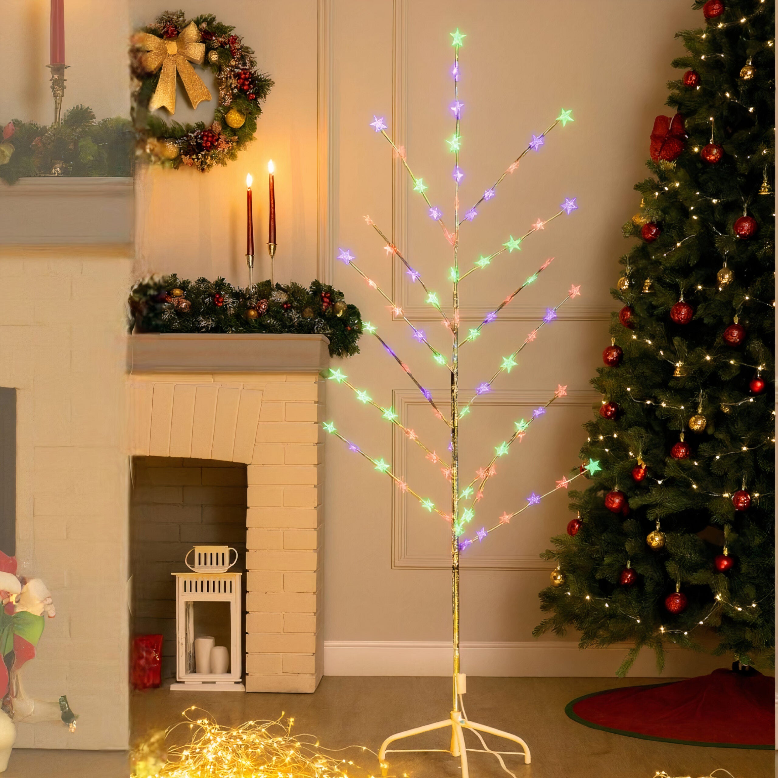 Pom Decorativ 150cm, Brad Artificial de CraciunBrad Artificial 150cm, de Craciun, cu Stele Luminoase LED Multicolore, pe Suport Plastic, pentru Interior si Exterior Engros