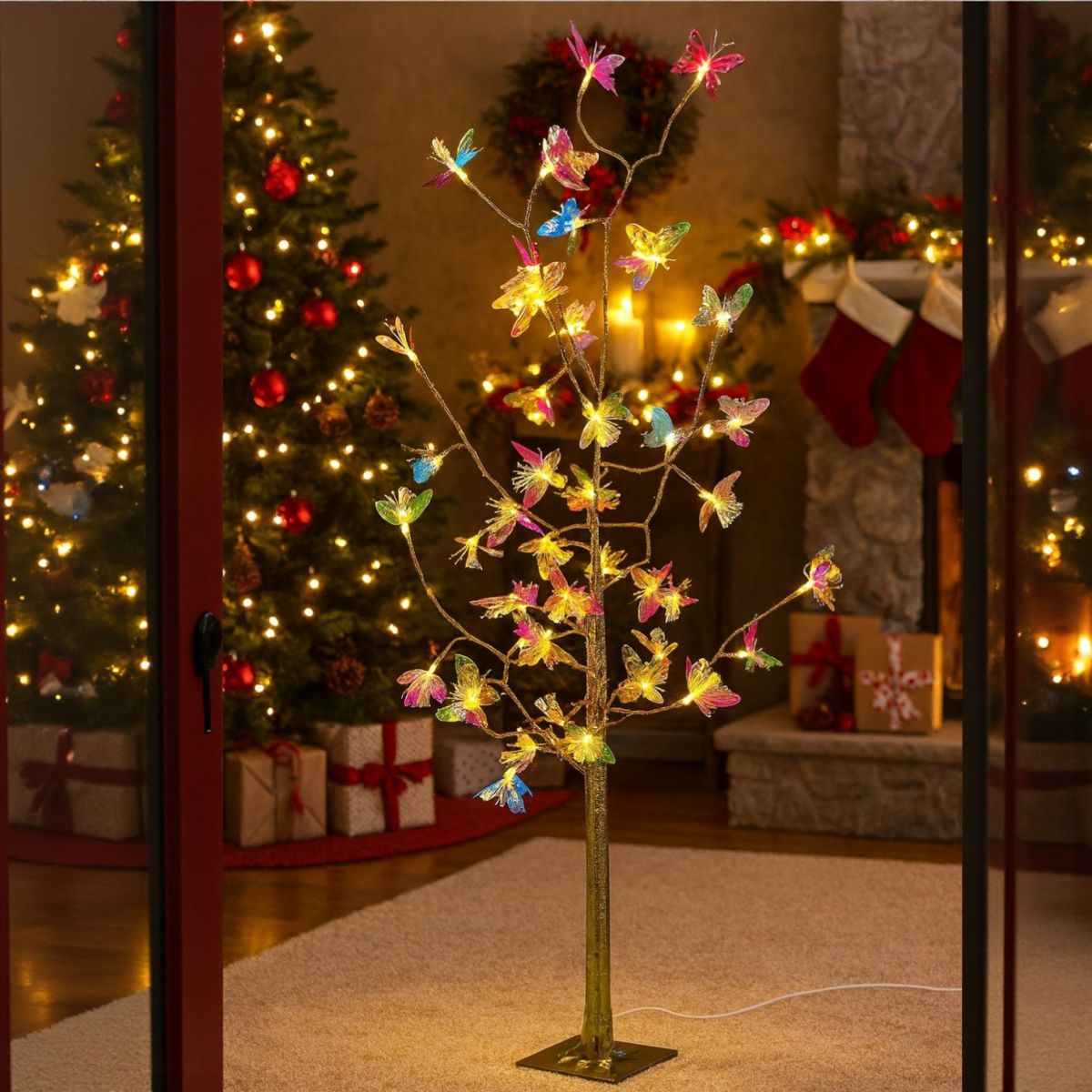 Pom Decorativ 160cm, Brad Artificial de Craciuncu Fluturi Luminoși LED Multicolori, pe Suport Plastic pentru Interior si Exterior Engros