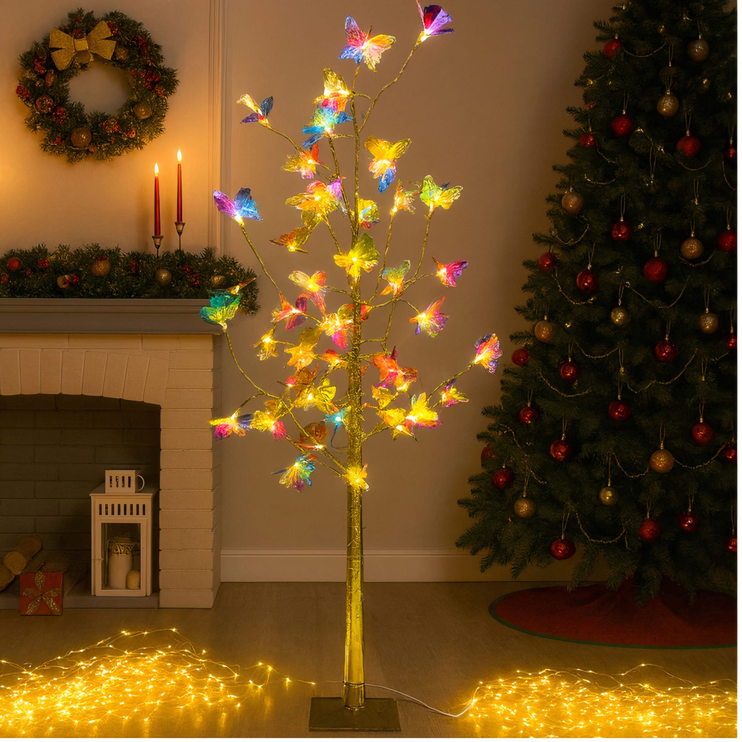 Pom Decorativ 160cm, Brad Artificial de Craciuncu Fluturi Luminoși LED Multicolori, pe Suport Plastic pentru Interior si Exterior Engros