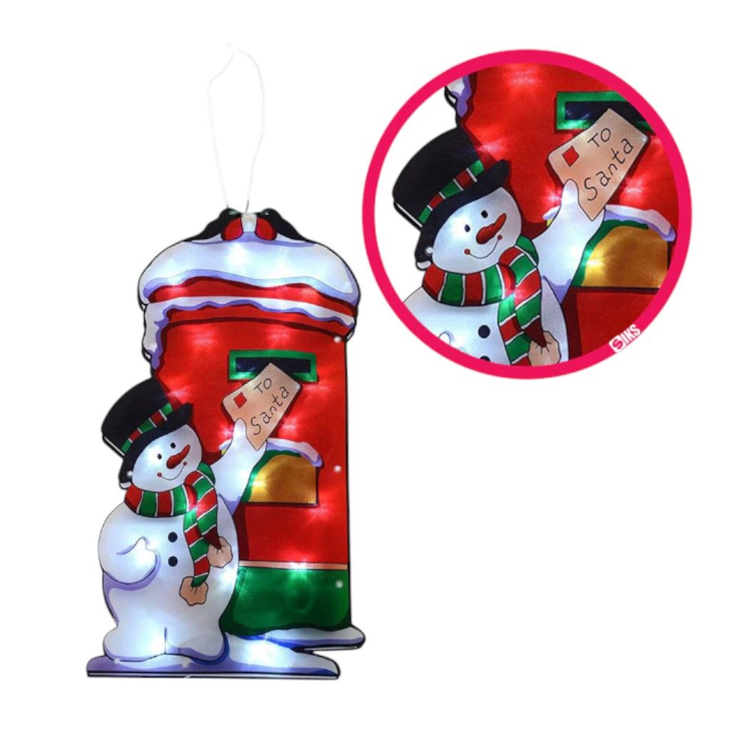 Decorațiune de Geam pentru Crăciun 45.5x24.5cm, Om de Zapada cu Cutie Postala, cu Lumină LED Multicoloră, Model 3D, cu Alimentare la Priză Engros