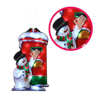 Decorațiune de Geam pentru Crăciun 45.5x24.5cm, Om de Zapada cu Cutie Postala, cu Lumină LED Multicoloră, Model 3D, cu Alimentare la Priză Engros
