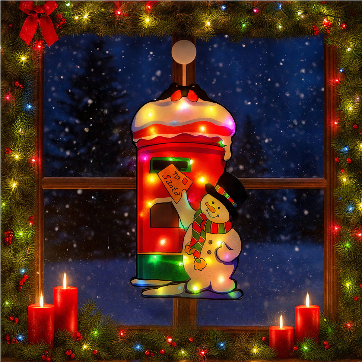Decorațiune de Geam pentru Crăciun 45.5x24.5cm, Om de Zapada cu Cutie Postala, cu Lumină LED Multicoloră, Model 3D, cu Alimentare la Priză Engros
