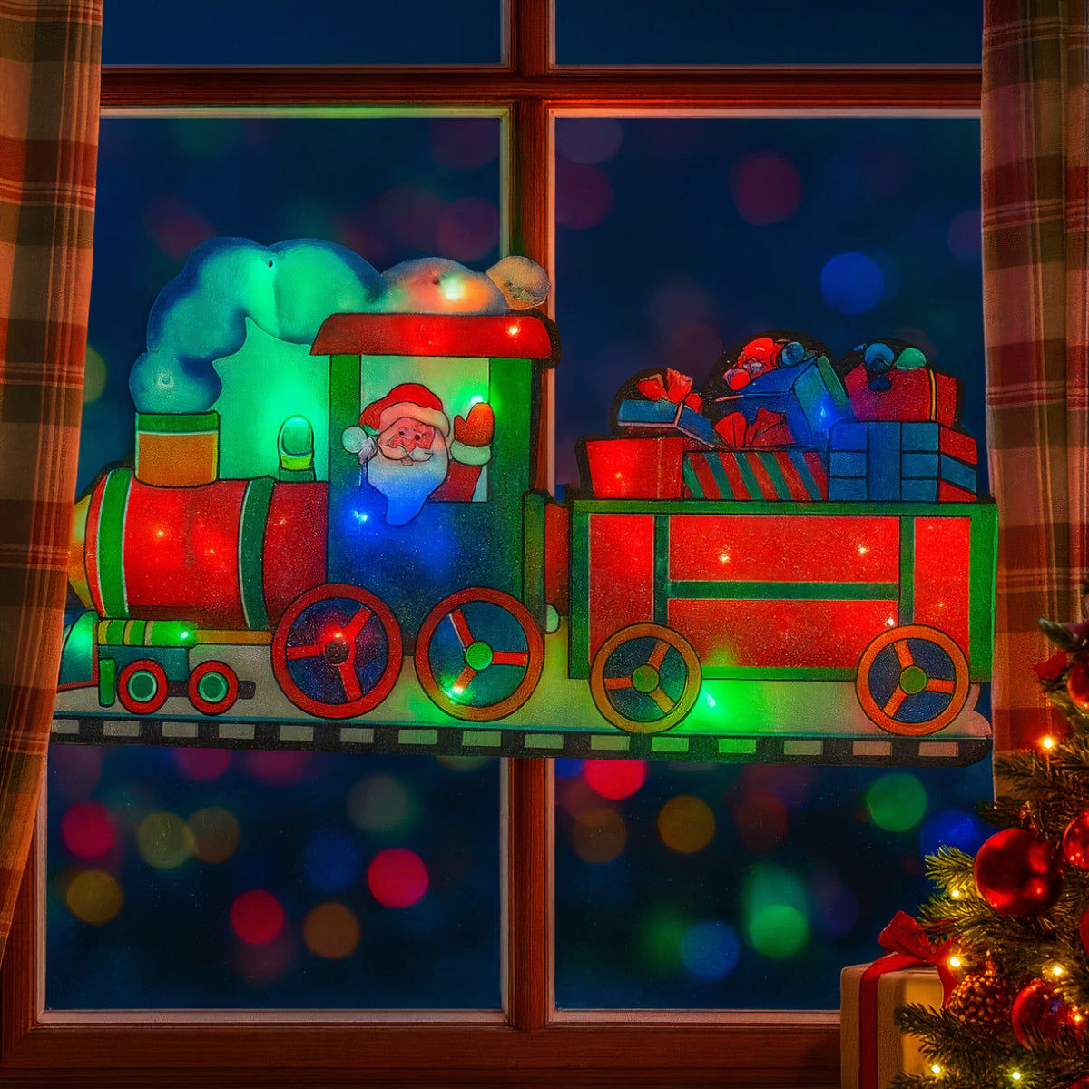 Decorațiune de Geam pentru Crăciun 45x24cm, Mos Craciun in Tren, cu Lumină LED Multicoloră, Model 3D, cu Alimentare la Priză Engros