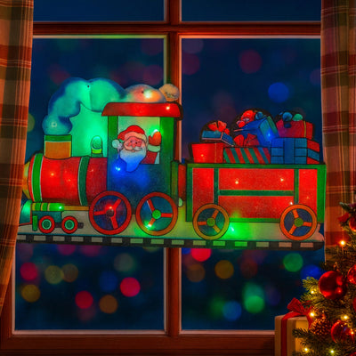 Decorațiune de Geam pentru Crăciun 45x24cm, Mos Craciun in Tren, cu Lumină LED Multicoloră, Model 3D, cu Alimentare la Priză Engros
