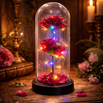 Trandafir Artificial 20x9cm cu Efect de Picături de Ploaie și Petale Decorative, Lumina LED Multicolora, în Cupolă Transparentă din Plastic Engros