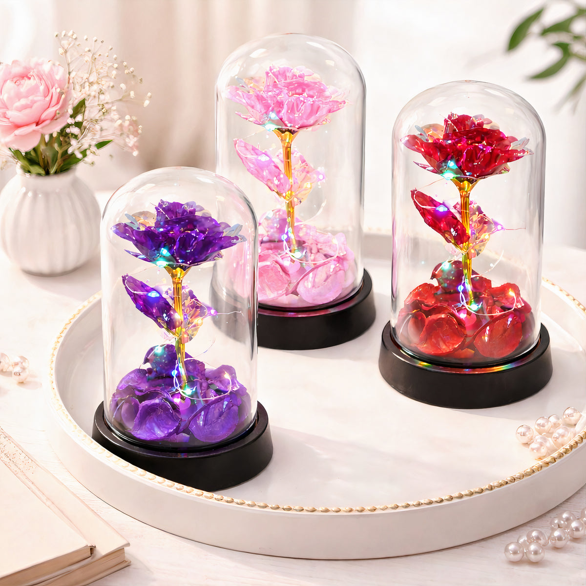 Trandafir Cristalizat 14cm cu Petale Decorative, Lumină LED Multicoloră, în Cupolă Transparentă din Plastic Diferite Culori Engros