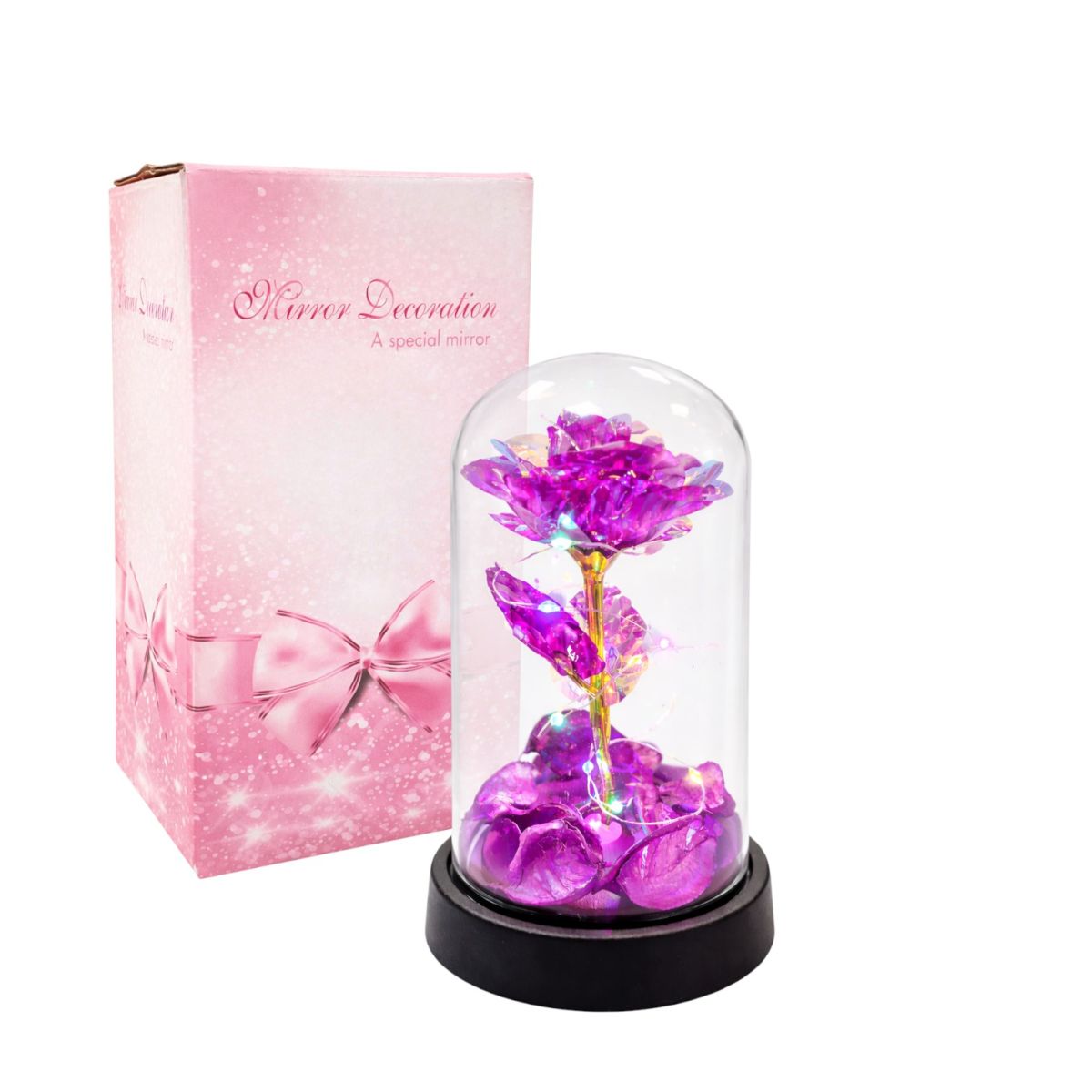 Trandafir Cristalizat 14cm cu Petale Decorative, Lumină LED Multicoloră, în Cupolă Transparentă din Plastic Diferite Culori Engros