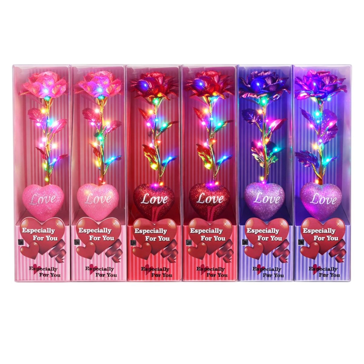 Trandafir Cristalizat 6/set cu Lumină LED Multicoloră 24cm, în Cutie din Plastic Diferite Culori Engros