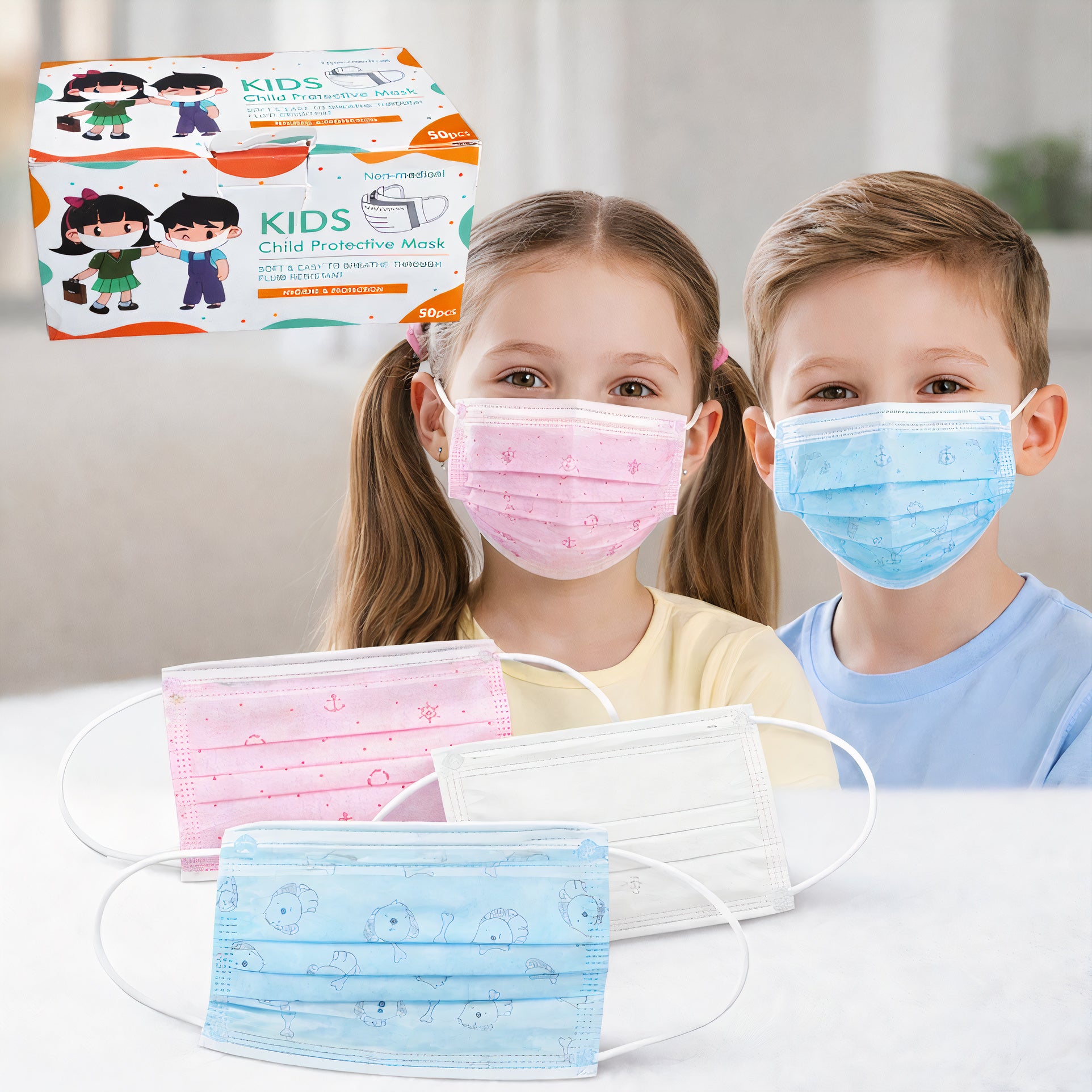 Măști de Protecție 50/set pentru Copii, Ajustabile 13.5x9cm Diferite Culori Engros