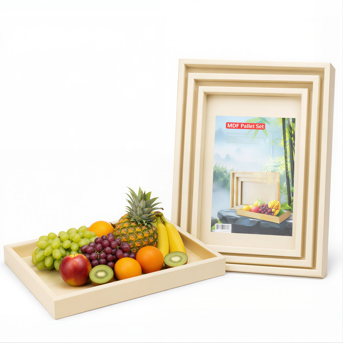 Tăvi Decorative 3/set din Lemn Culoare Crem, 40x30x3.5cm, Dreptunghiulare Engros