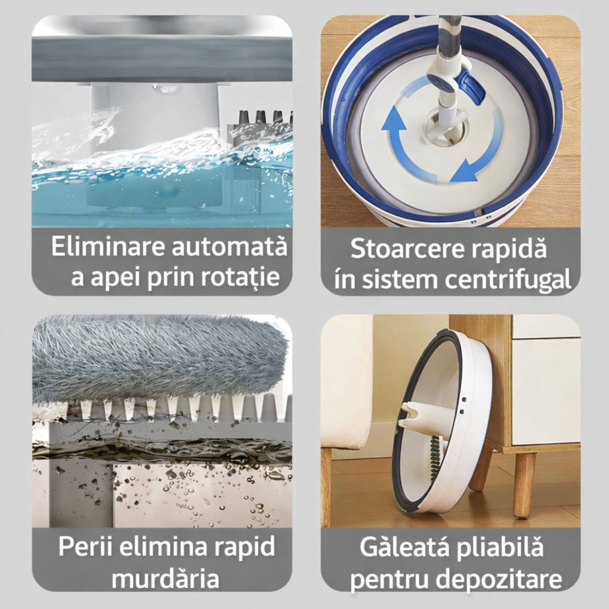 Mop Rotativ cu Mâner Telescopic 118–140cm si Găleată Pliabilă 32x19cm, Stoarcere prin Rotire din Plastic Engros