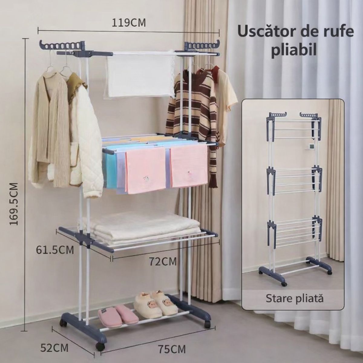Uscător Haine 165.5×75×52cm cu 3 Niveluri din Metal, Susținere 50kg cu 2 Bare și 2 Suporturi pentru Umerașe Engros