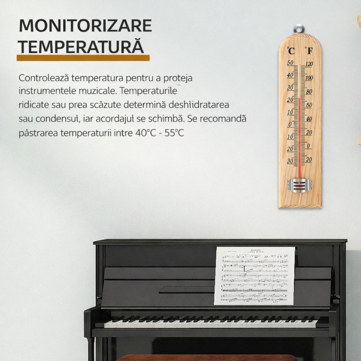 Termometru de Perete 25x5cm, din Lemn cu Afișaj °C și °F pentru Interior sau Exterior Engros