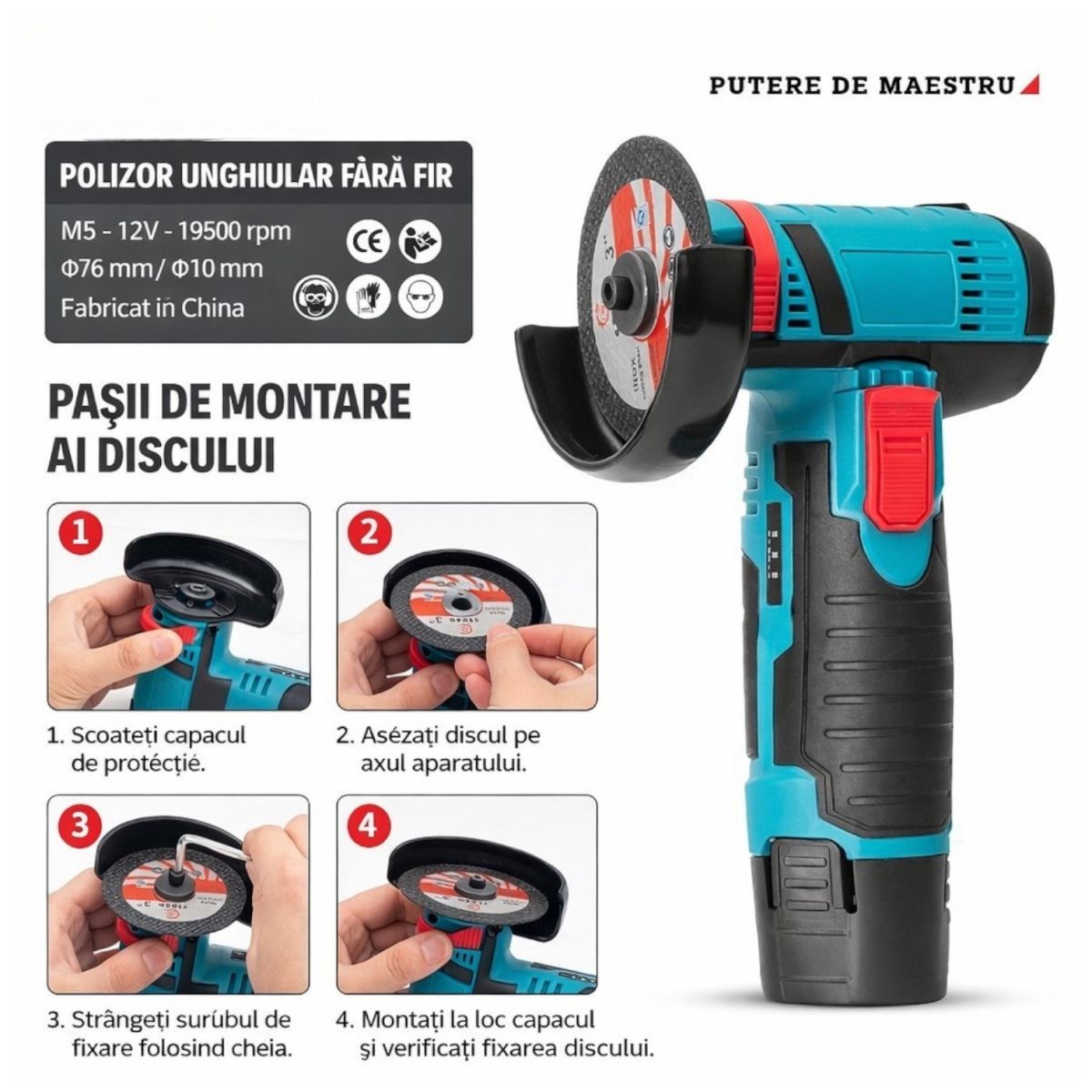 Mini Polizor Unghiular 20cm, 12V, 750W, 19500 rpm, 2 Discuri 76 mm cu 2 Acumulatori Engros