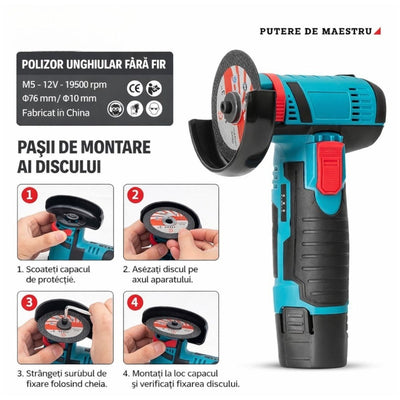 Mini Polizor Unghiular 20cm, 12V, 750W, 19500 rpm, 2 Discuri 76 mm cu 2 Acumulatori Engros