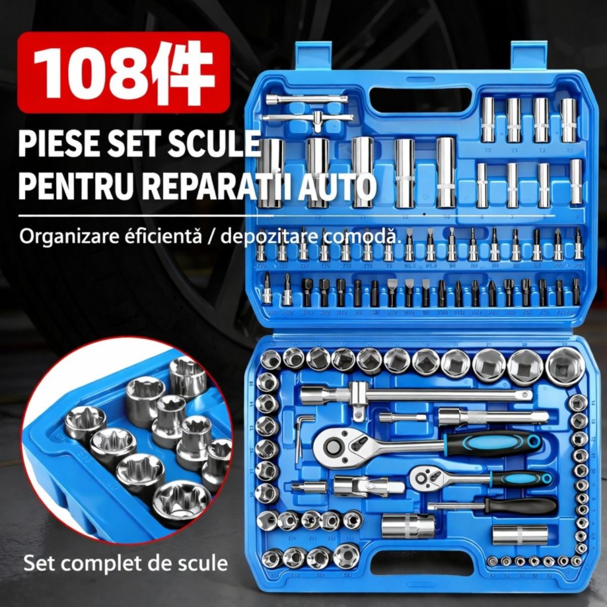 Trusă de Scule, cu Tubulare, Biți și Clichet 108 Piese, pentru Reparații Auto și Bricolaj Engros Engros