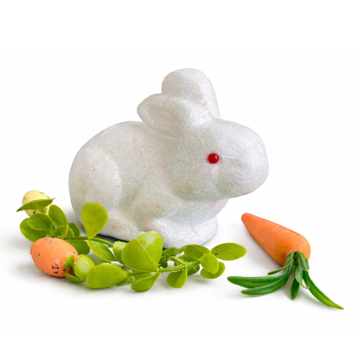 Iepure Decorativ de Paște 5x9cm cu Ochi Roșii, Morcov și Frunze Verzi cu Ouă Decorative, din Poliester Engros