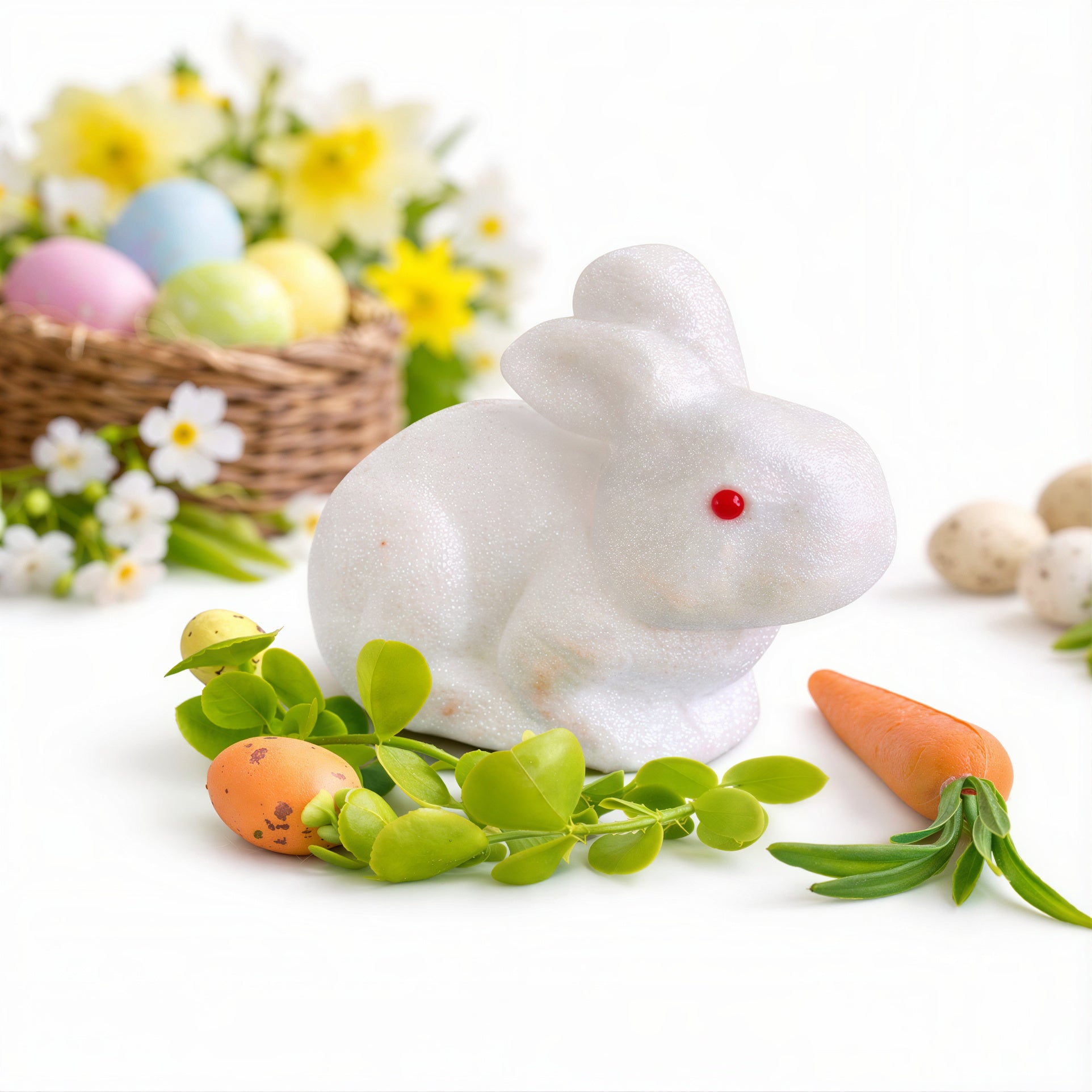 Iepure Decorativ de Paște 5x9cm cu Ochi Roșii, Morcov și Frunze Verzi cu Ouă Decorative, din Poliester Engros