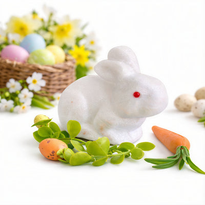 Iepure Decorativ de Paște 5x9cm cu Ochi Roșii, Morcov și Frunze Verzi cu Ouă Decorative, din Poliester Engros