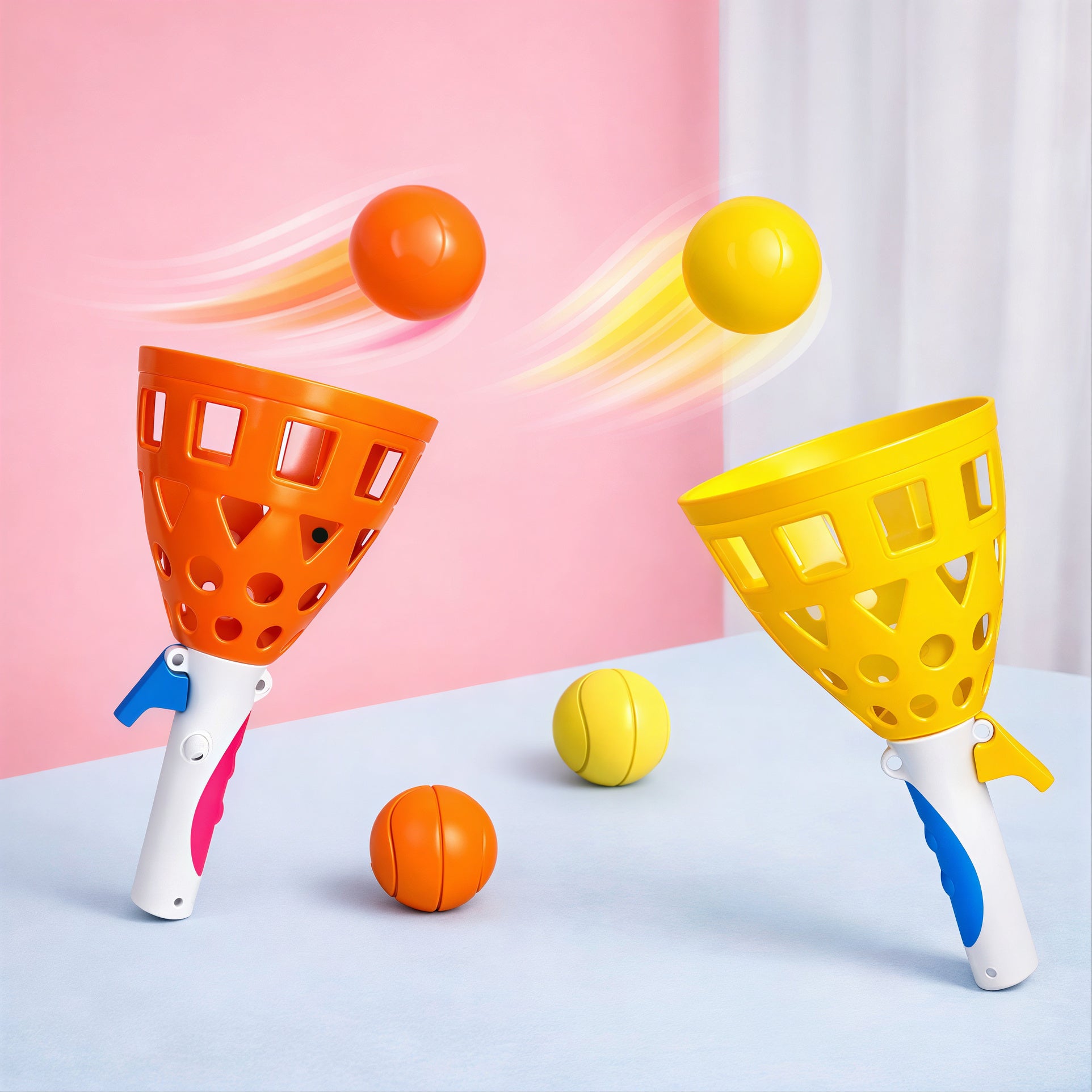 Jucărie Tip Catapultă 26.5cm, cu Coș și Minge 2/Set, Joc de Prins și Lansat Mingea pentru Copii, din Plastic Engros