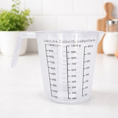 Cana Gradata de Masurare 1000ml, cu Maner si Cioc Turnare, din Plastic, cu Marcaje pentru Lichide, Zahar si Faina Engros