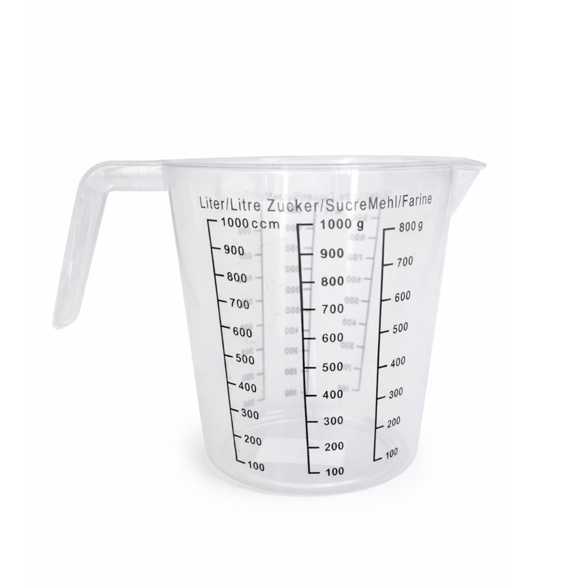 Cana Gradata de Masurare 1000ml, cu Maner si Cioc Turnare, din Plastic, cu Marcaje pentru Lichide, Zahar si Faina Engros