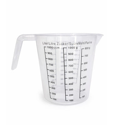 Cana Gradata de Masurare 1000ml, cu Maner si Cioc Turnare, din Plastic, cu Marcaje pentru Lichide, Zahar si Faina Engros