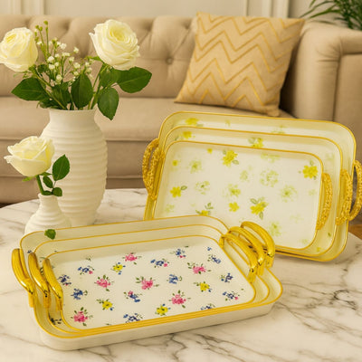Tăvi Decorative 3/set din Plastic 42x30cm, Model Floral cu Mânere de Diferite Dimensiuni Engros