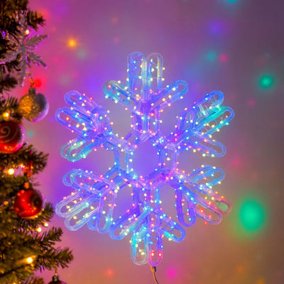 Decoratiune Crăciun 40x45cm Model Fulg 3D, cu Lumină LED Multicoloră, Ornament Suspendat Transparent Engros