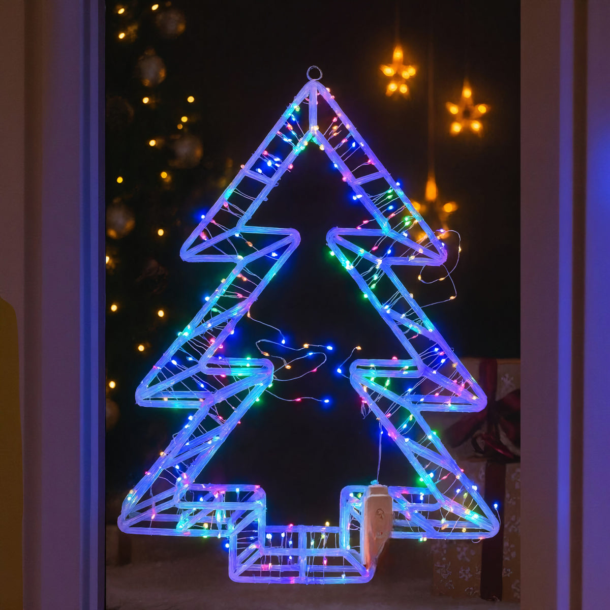 Decoratiune Crăciun 45x40cm Model Brad 3D, cu Lumină LED Multicolora, Ornament Suspendat Transparent Engros
