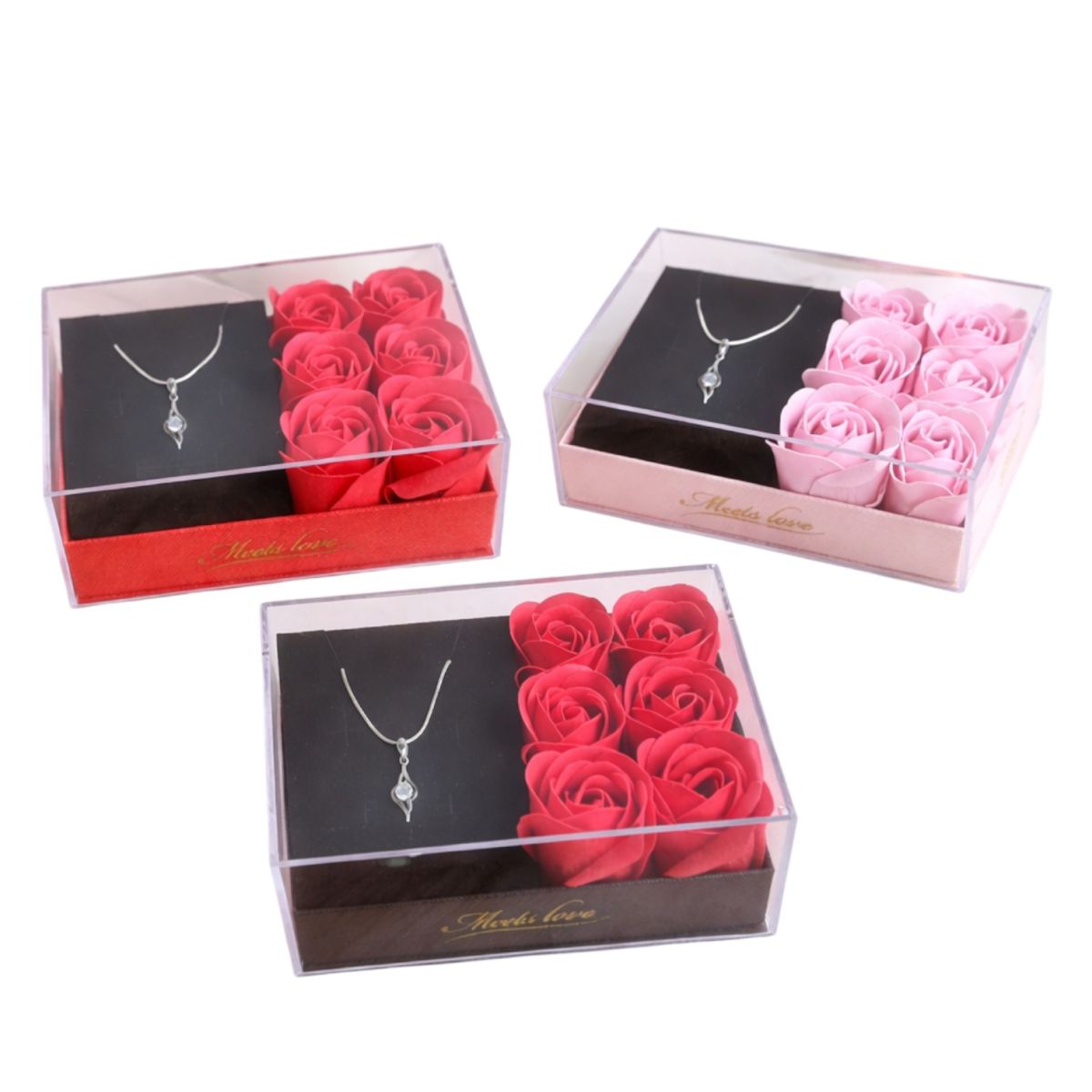 Cutie Cadou 13x9x5cm cu 6 Trandafiri Artificiali 3x4cm din Spuma, și Colier Elegant, în Cutie Transparentă Diferite Culori Engros