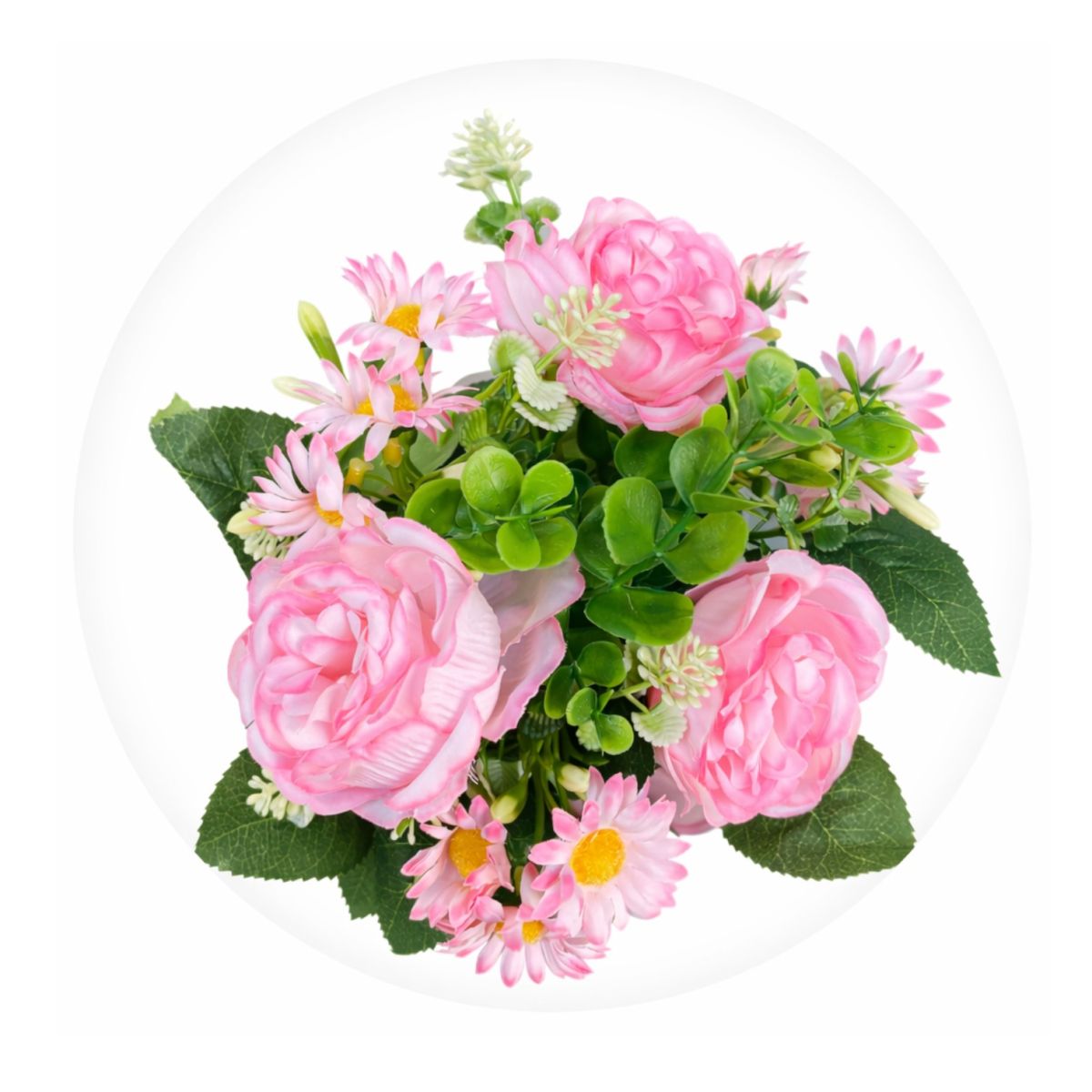 Flori Artificiale cu Trandafiri și Margarete, 22 cm, în Ghiveci Alb, Diferite Culori – Engros