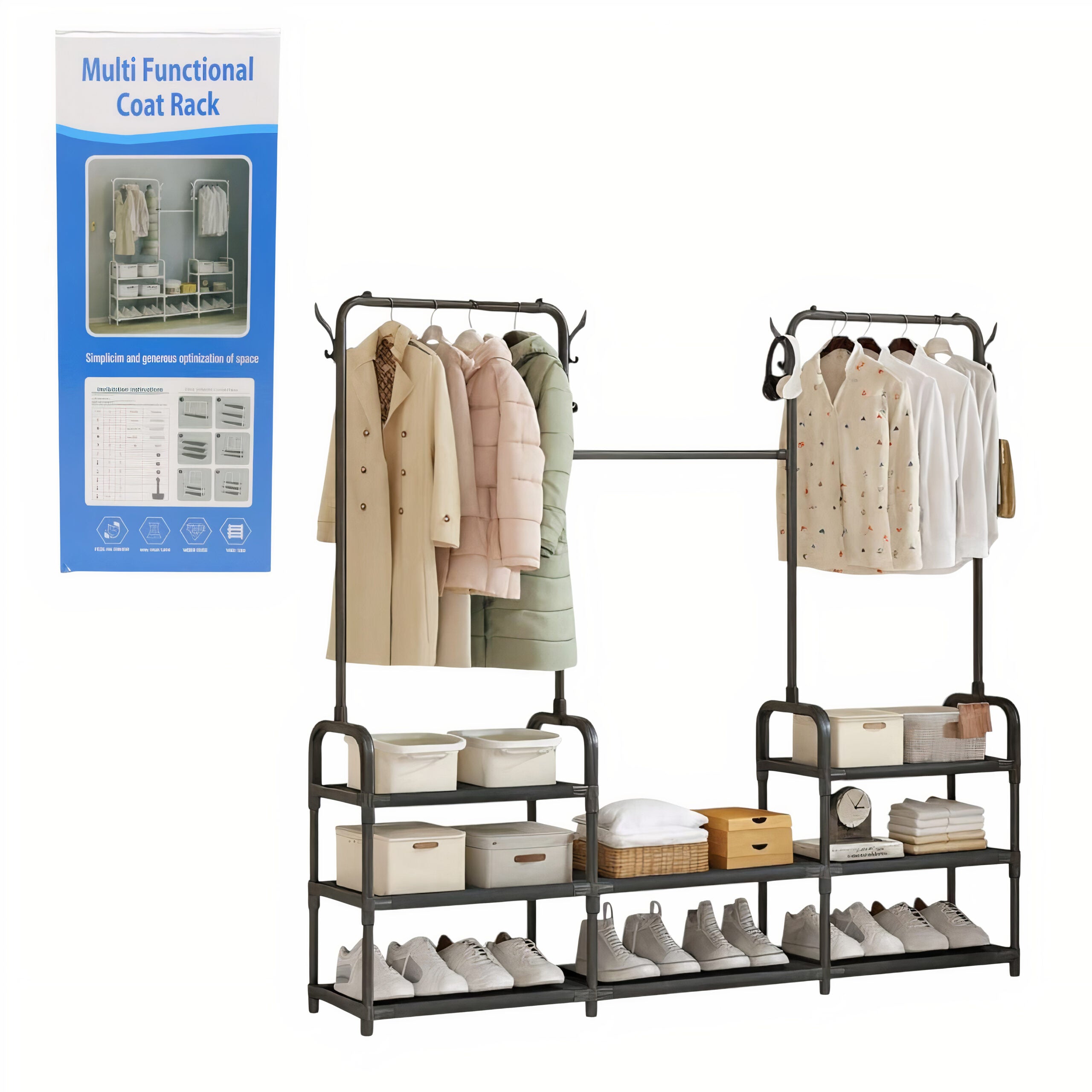 Dulap Organizator Metalic 164x137x26cm, cu 2 Bare pentru Haine și 3 Rafturi pentru Depozitare Engros