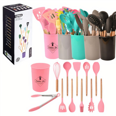 Ustensile de Bucătărie 12/set din Silicon cu Mânere 32cm, din Lemn 500g Diferite Culori Engros
