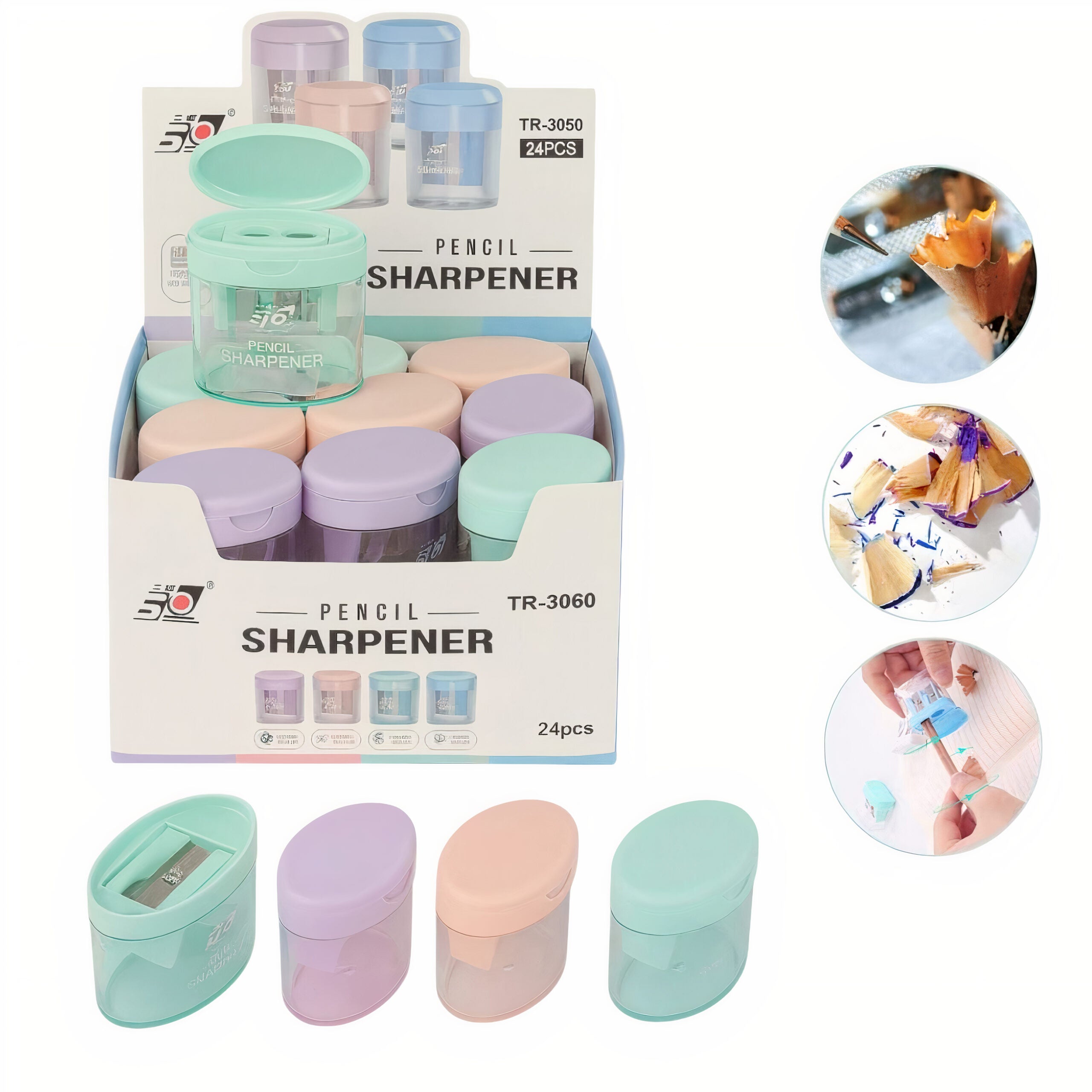 Ascuțitoare 2 Dimensiuni 4cm cu Recipient, Forma Ovala 24/set Diferite Culori Engros