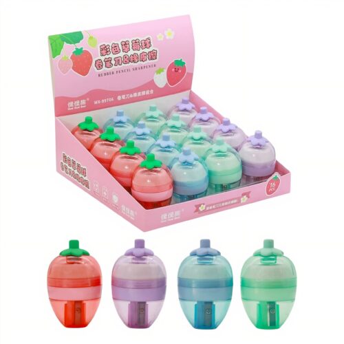 Ascutitori Colorate 16/set cu Guma de Sters 6cm, Forma Capsuna Engros