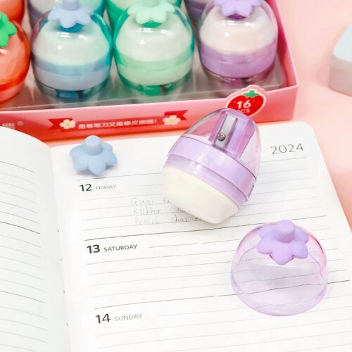 Ascutitori Colorate 16/set cu Guma de Sters 6cm, Forma Capsuna Engros