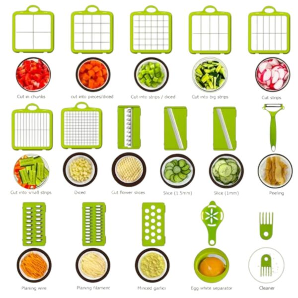 Razatoare Multifunctionala 22 de Piese, pentru Legume si Fructe, cu Functie de Caserola, Lame din Otel Inoxidabil si Maner Protectie Verde Engros