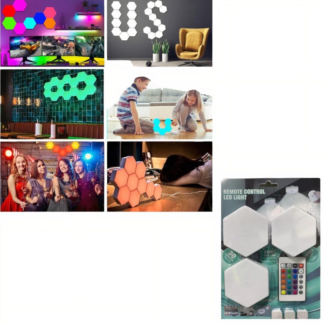 Lampa Led 3/set Hexagonala 8x7cm cu Telecomanda 8x5cm, Multicolora Engros