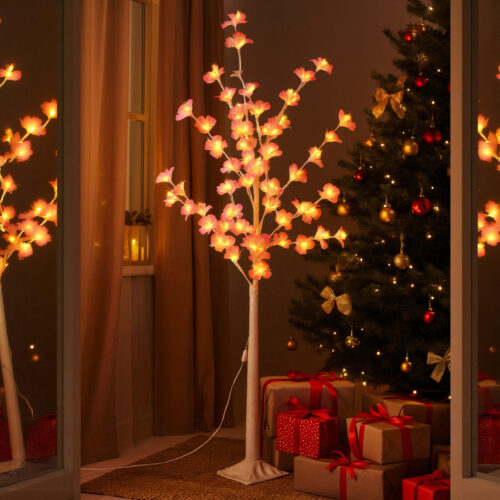 Pom Decorativ 165cm, Brad Artificial de Craciun, cu Lumina LED Alb Cald, Model Floare Roz, pentru Interior si Exterior Engros